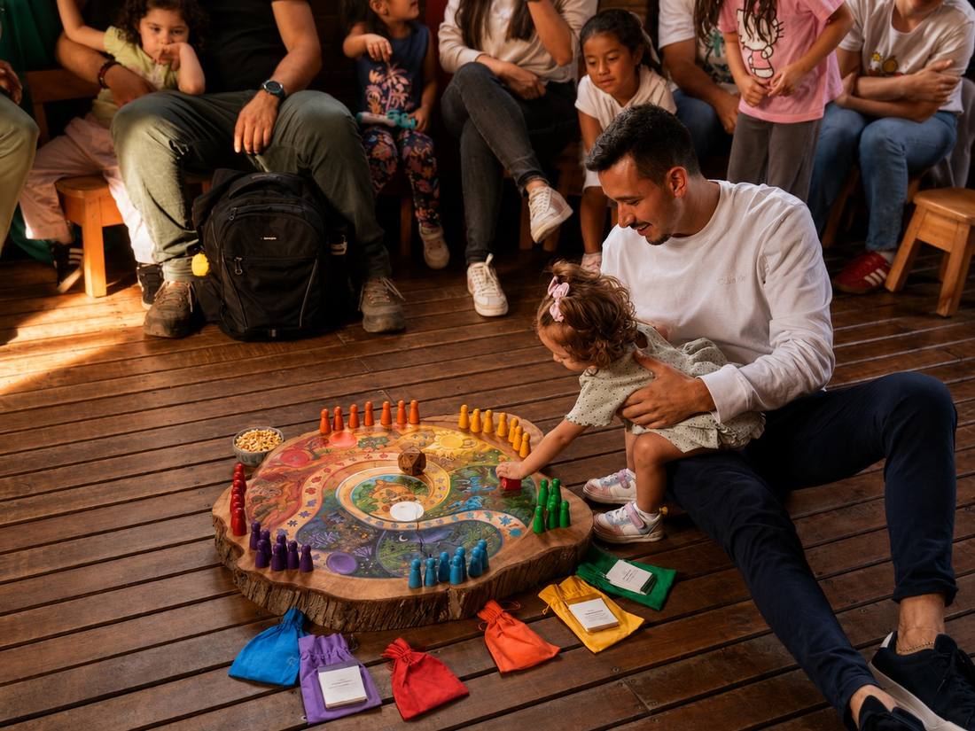El tablero del juego de mesa cooperativo Familias de Colores, con sus fichas y cartas, durante una partida en familia